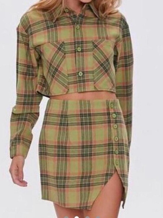 Forever 21 Dresses & Skirts - F21 Small Plaid Co-Ord Set: Crop Button-Up Shirt & Slit Wrap Mini Skirt NWT
